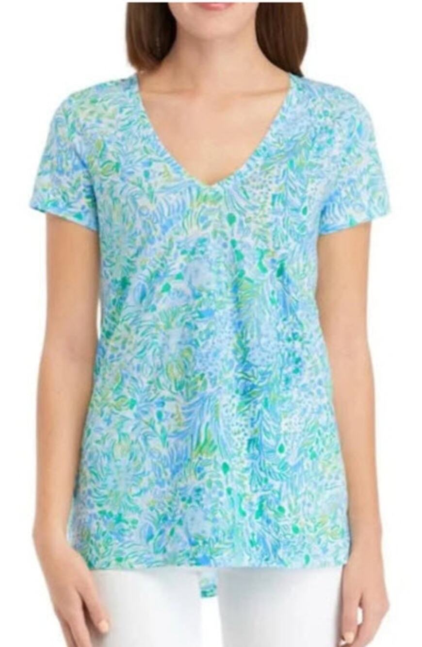 Lilly Pulitzer Etta V-Neck Tee Hydra Blue Dandy Lions Print Size Small